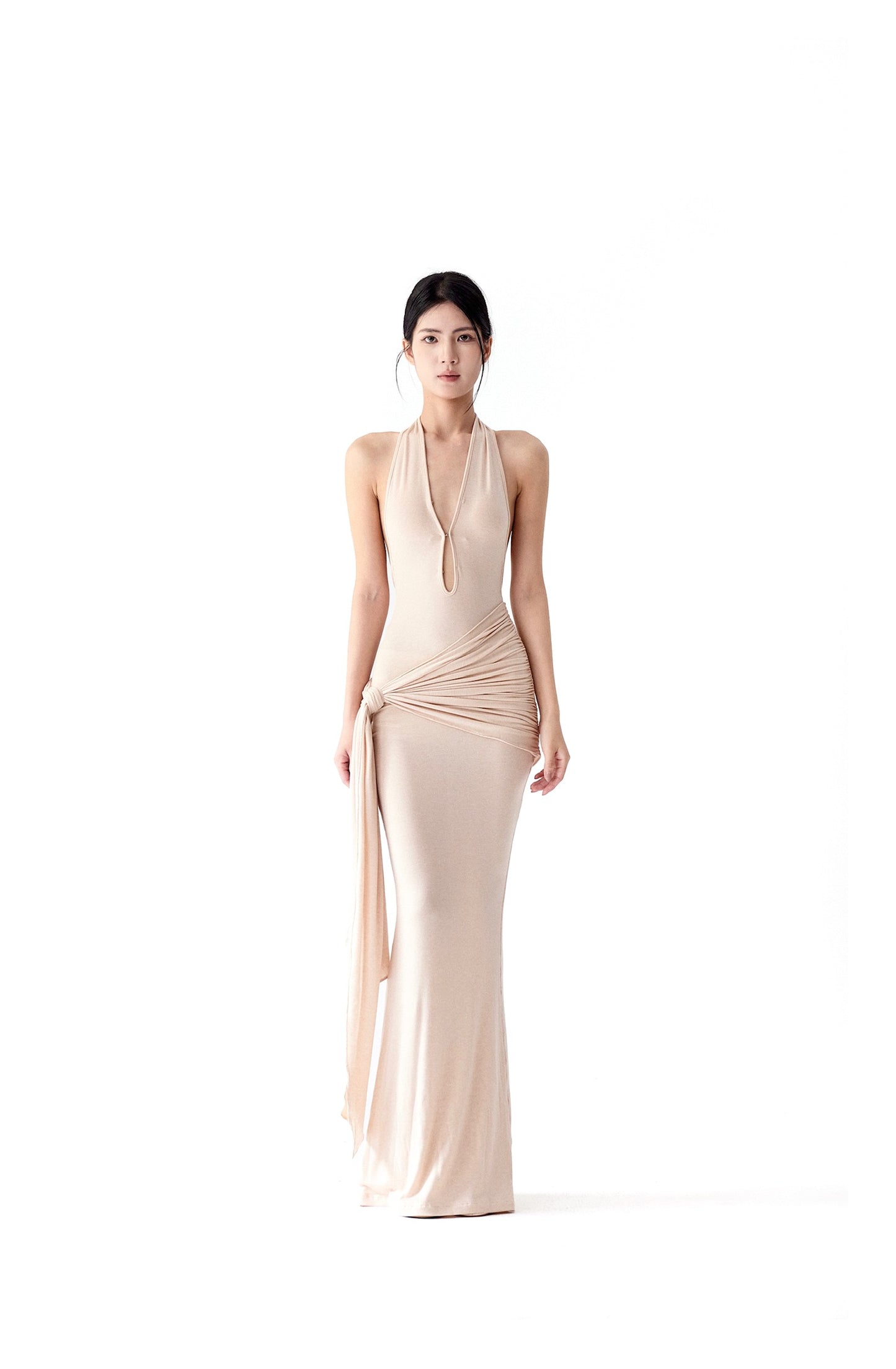Tsuki | Asymmetric Halter Neck Backless Maxi Dress (Nude)