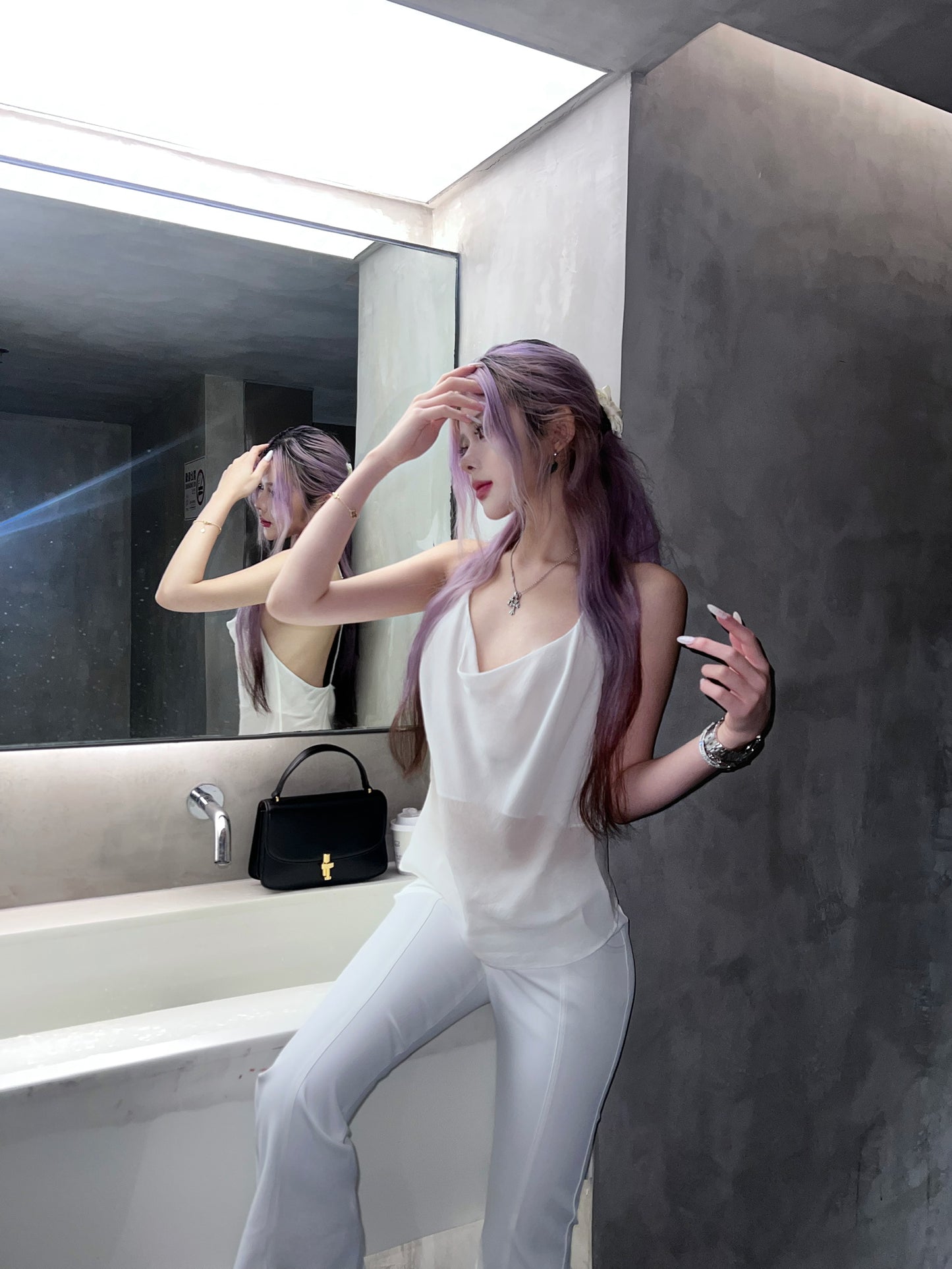 Tsuki | Halter Neck Backless Top + Low-Rise Bootcut Pants (White)