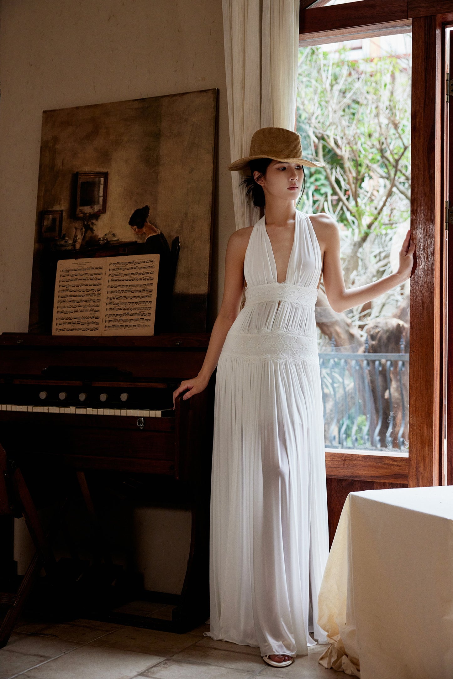 Tsuki | Halter Neck Pleated Backless Maxi Dress