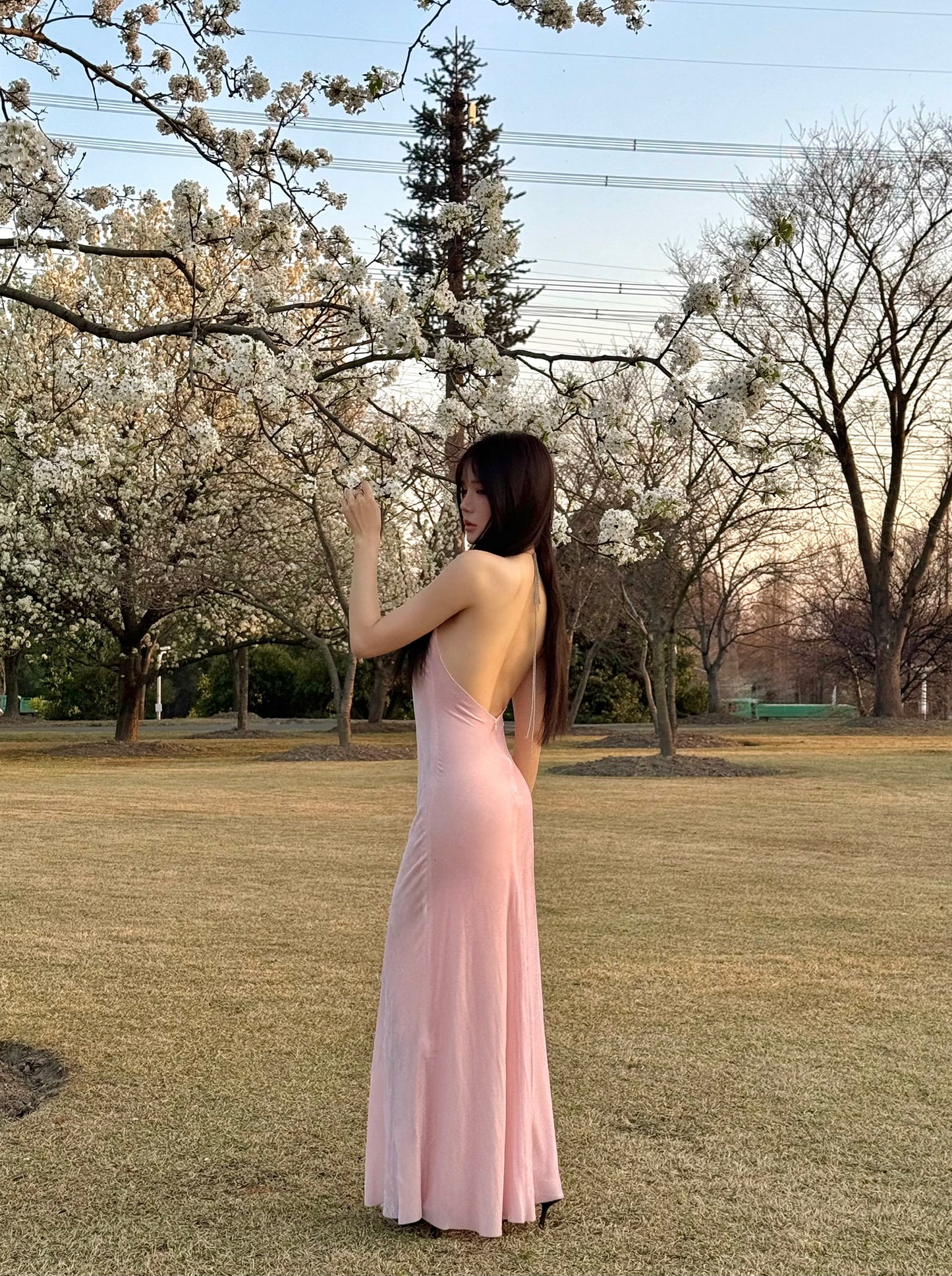 Tsuki | Velvet Maxi Dress with Chain (Sakura Pink)