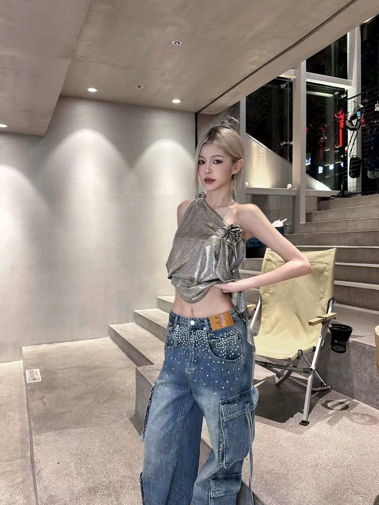 Jac Fleurant | One-Shoulder Sequin Floral Draped Top