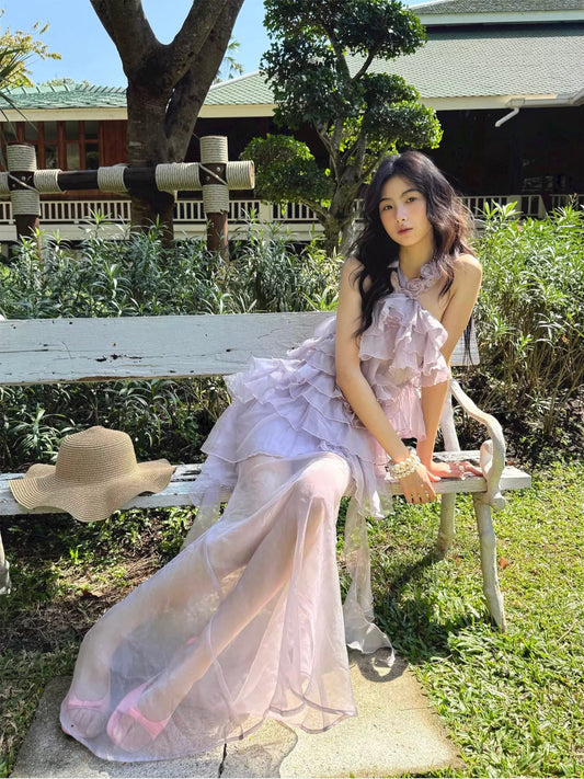 RunRunSweet | Asymmetric Mesh Rose Halter Two-Piece Mermaid Dress (2 Color)