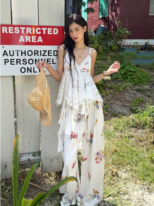 RunRunSweet | Tencel Ramie Botanical Floral Set (Shirt + Pants + Camisole Top)