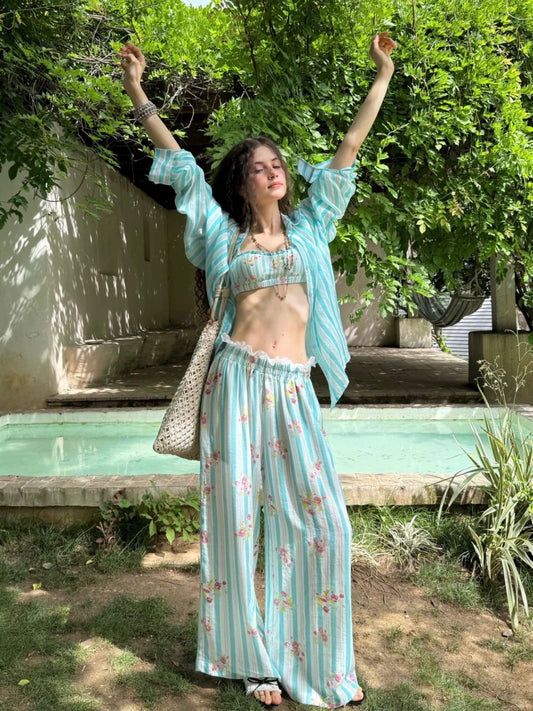 RunRunSweet | Tencel Ramie Blue Striped Floral Set (Shirt+Pants+Tube Top)