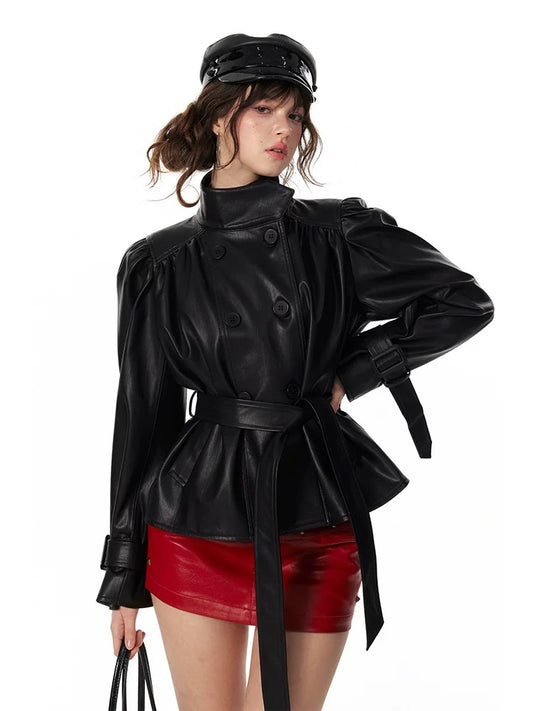 4muggle | Umbrella Pleated Stand-Collar Leather Jacket + Mini Skirt (2 Color)