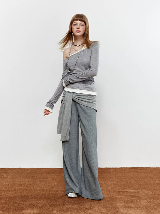 ROCHA ROMA | Gray Off-Shoulder Contrast Layered Knit Top + Detachable Two-Way Sweatpants