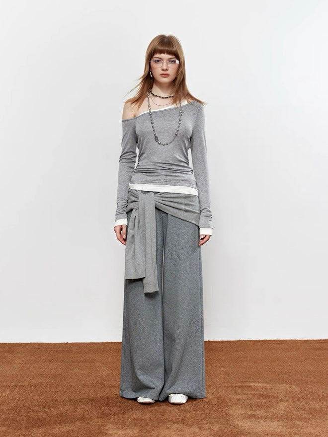 ROCHA ROMA | Gray Off-Shoulder Contrast Layered Knit Top + Detachable Two-Way Sweatpants