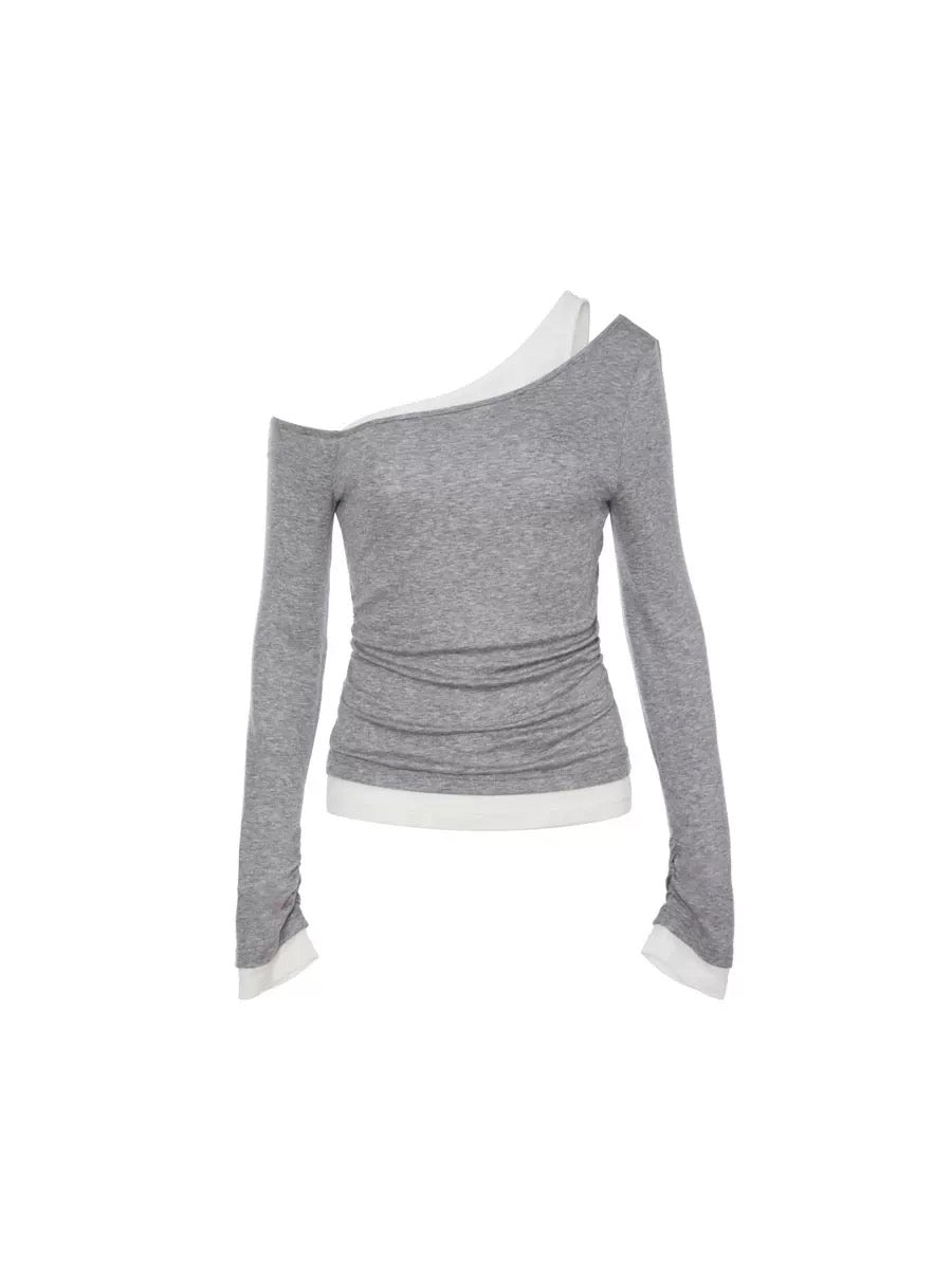 ROCHA ROMA | Gray Off-Shoulder Contrast Layered Knit Top + Detachable Two-Way Sweatpants