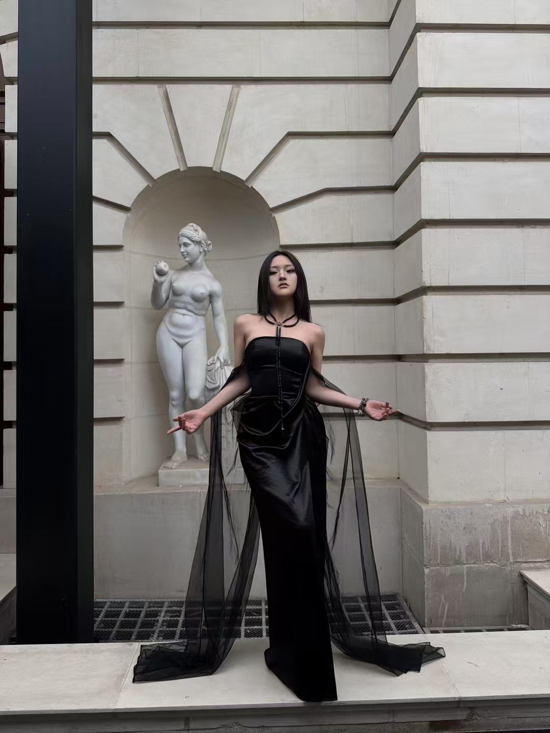 CROW CREW | Sheer Veil Strapless Dress (Black)