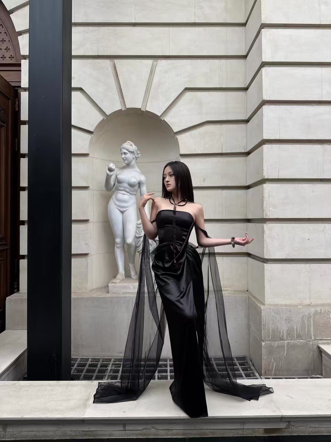 CROW CREW | Sheer Veil Strapless Dress (Black)