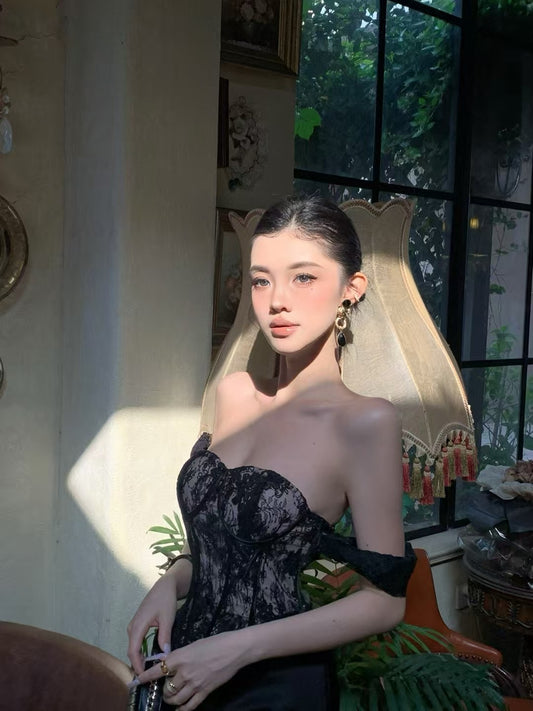 CROW CREW | Lace Corset Dress (Onyx Black)