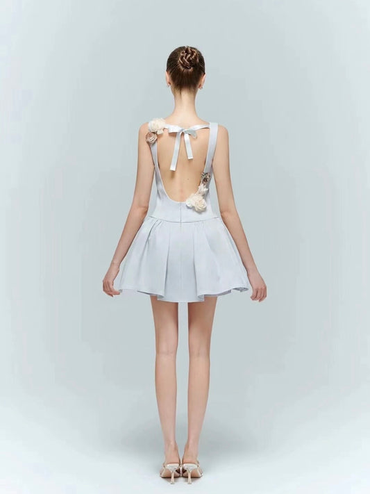 Artel Retro | Backless Floral Puff Dress (Aqua)