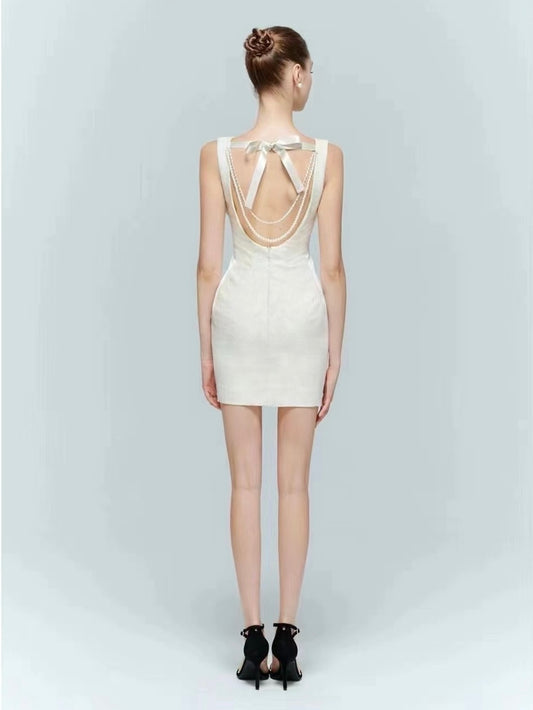 Artel Retro | Backless Jacquard Mini Dress with Pearl Detail (White)