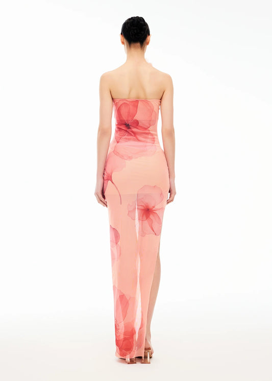 XENASERA | Stretch Mesh Strapless Dress with Sakura Print (with Necklace)