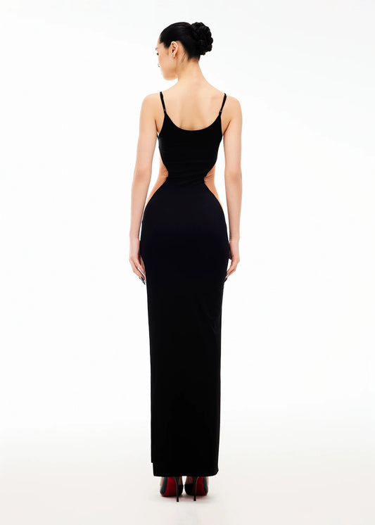 XENASERA | Rhinestone-Embellished Spaghetti Strap Dress + Black Feather