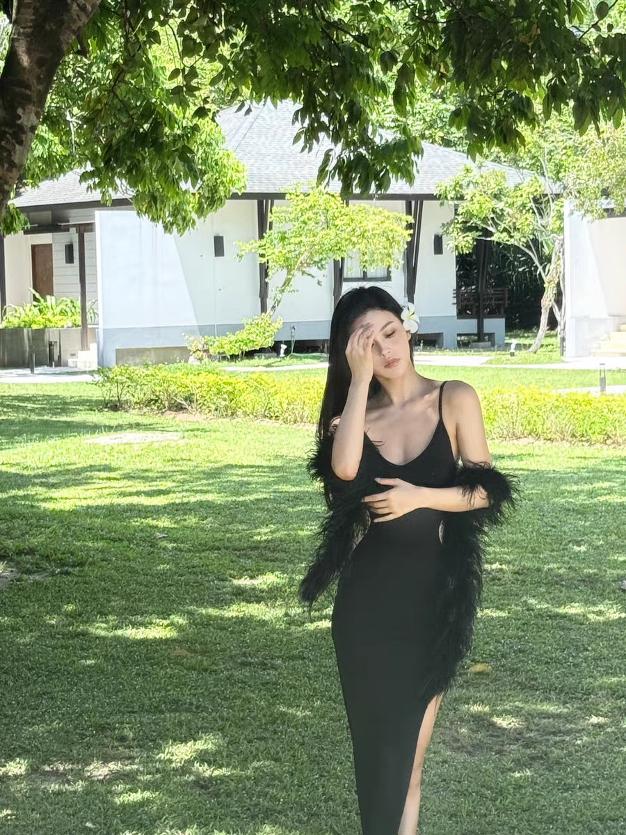 XENASERA | Rhinestone-Embellished Spaghetti Strap Dress + Black Feather