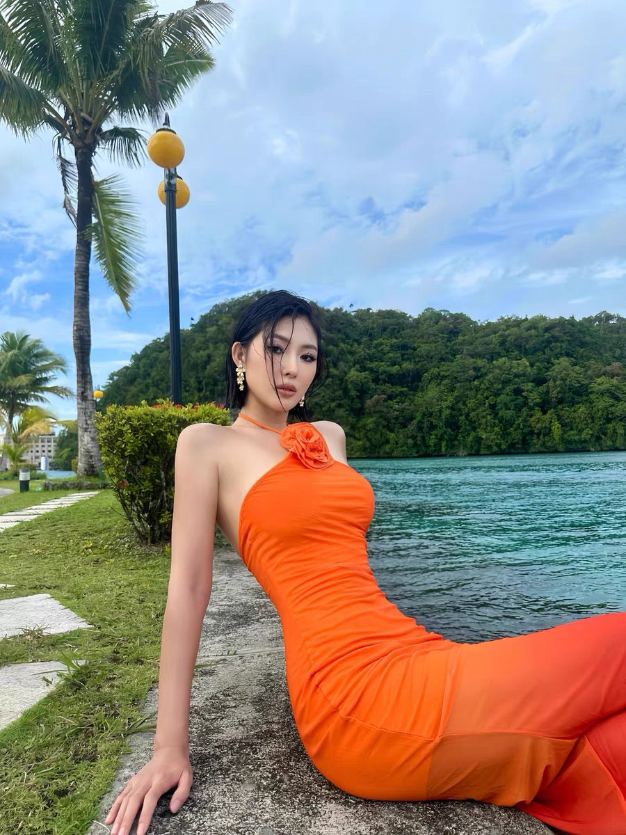 XENASERA | Ombre Halter Neck Backless Dress (Orange)