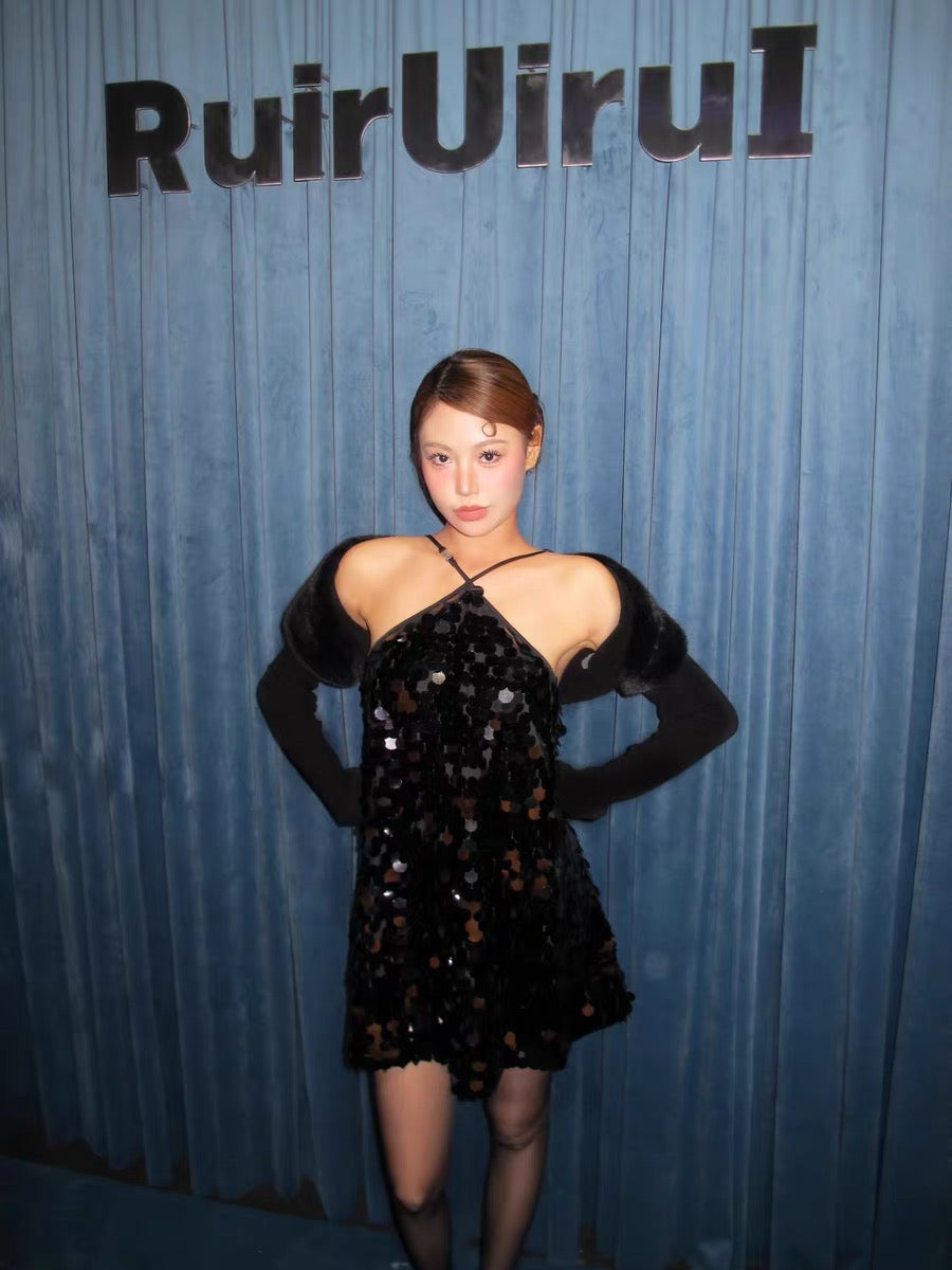 XENASERA | Halter Neck Sequined Mini Dress (Black)