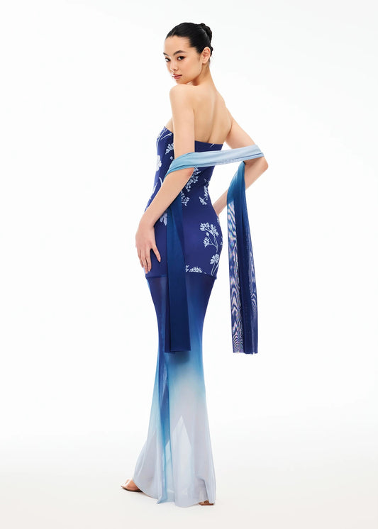 XENASERA | Blue and White Porcelain Print Strapless Mesh Dress (with Scarf)