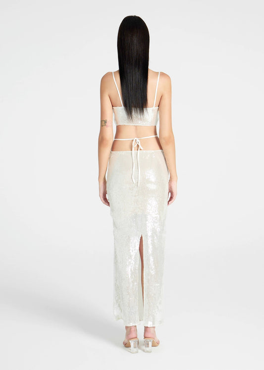 XENASERA | Pearl White Sequin Strapless Top and High-Slit Skirt Set