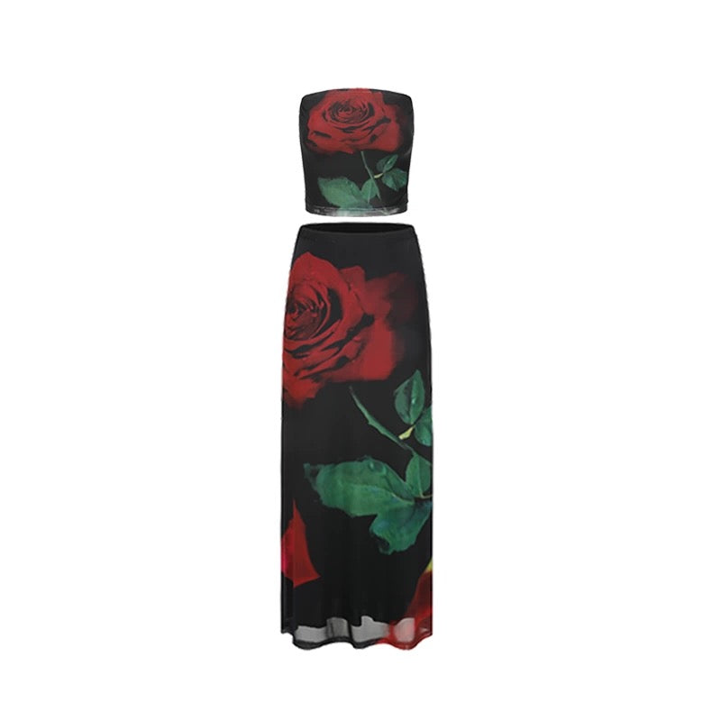 XENASERA | Rose Print Strapless Top and Skirt Set