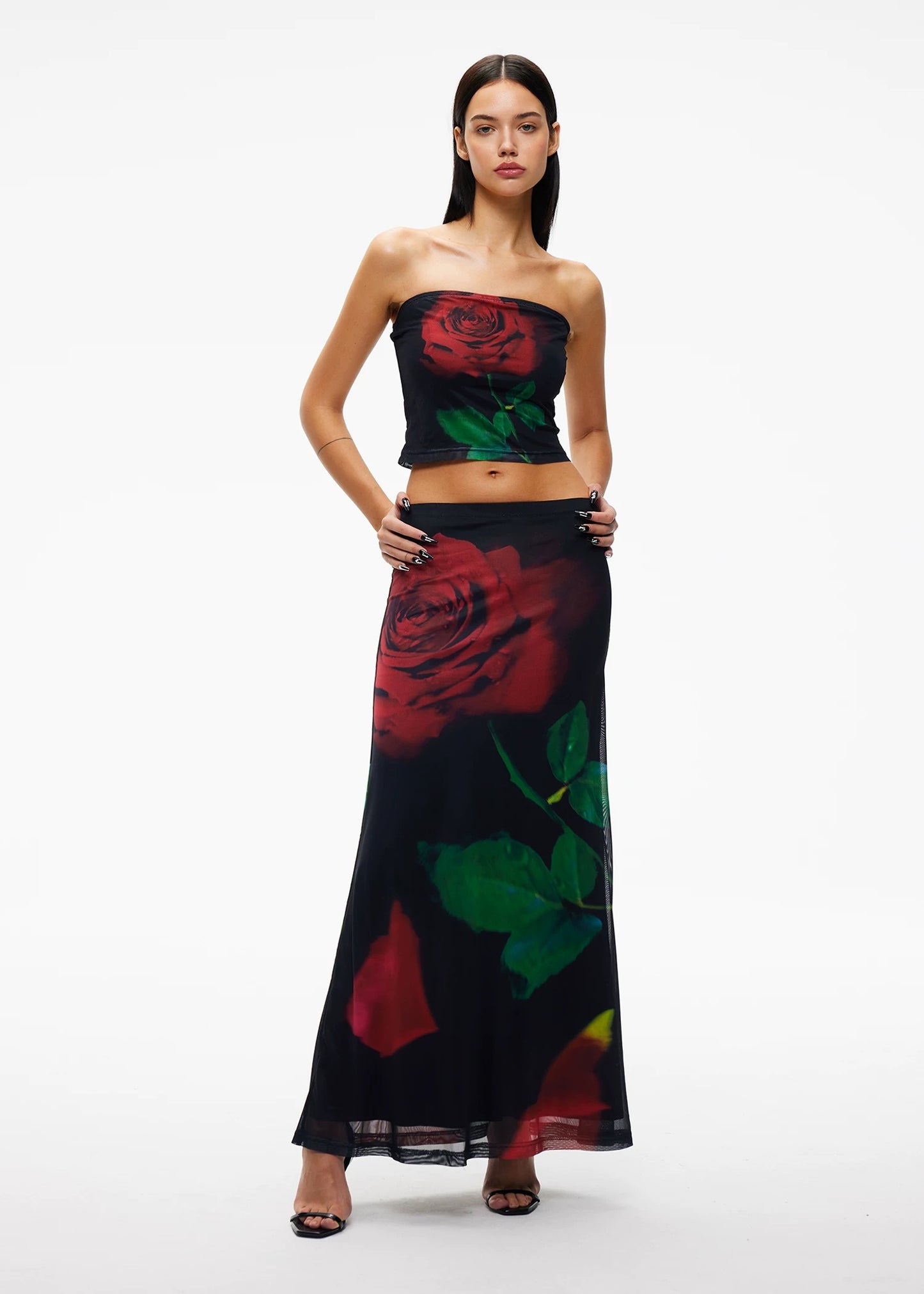 XENASERA | Rose Print Strapless Top and Skirt Set