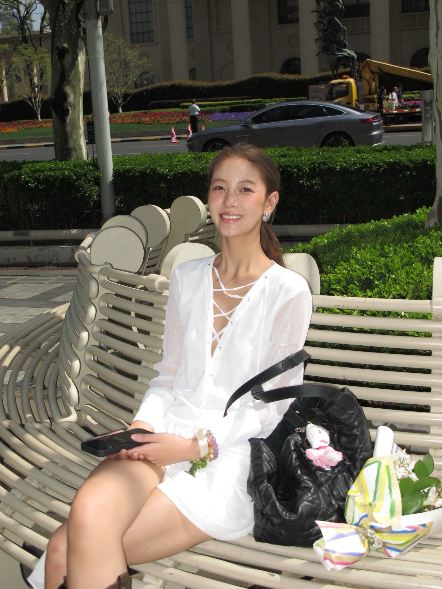 KINGWEN | White V-Neck Chiffon Shirt + White Ruched Skirt