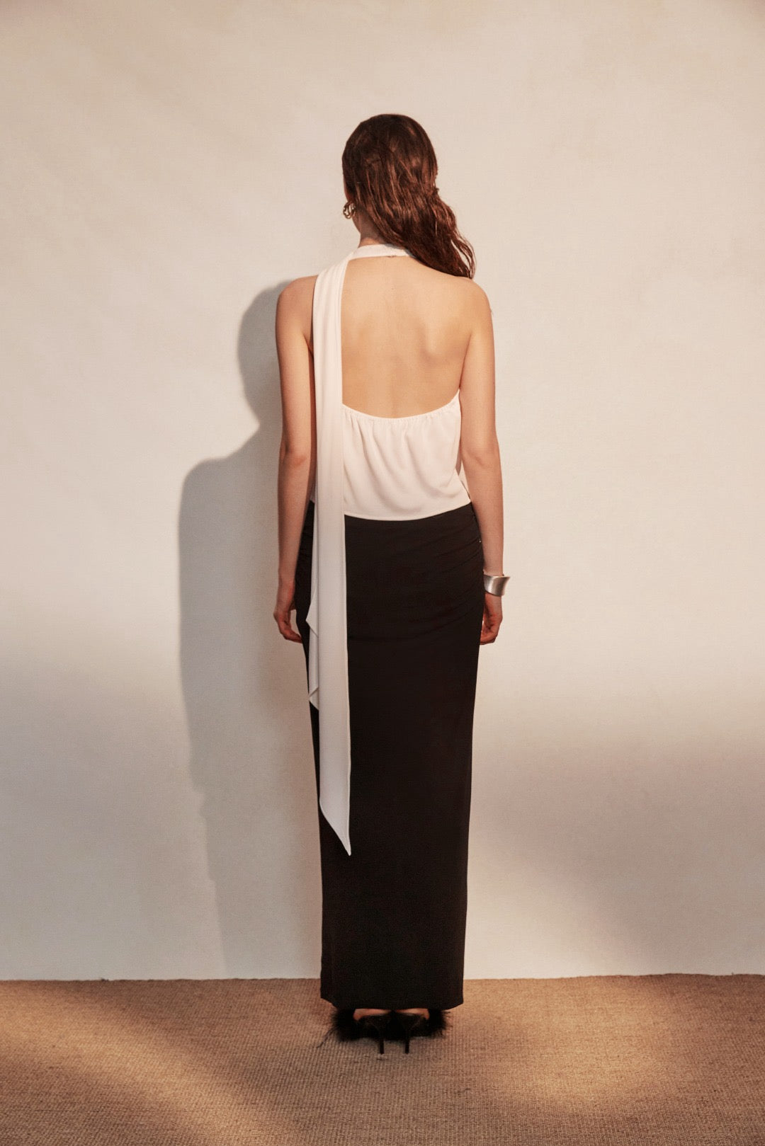 KINGWEN | Draped Lace Top + Pleated Long Skirt with Slit (Multiple Color)