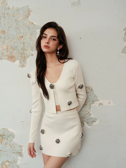 ROCHA ROMA | White Camelia Knit Set (Cardigan+Tank Top+Skirt)
