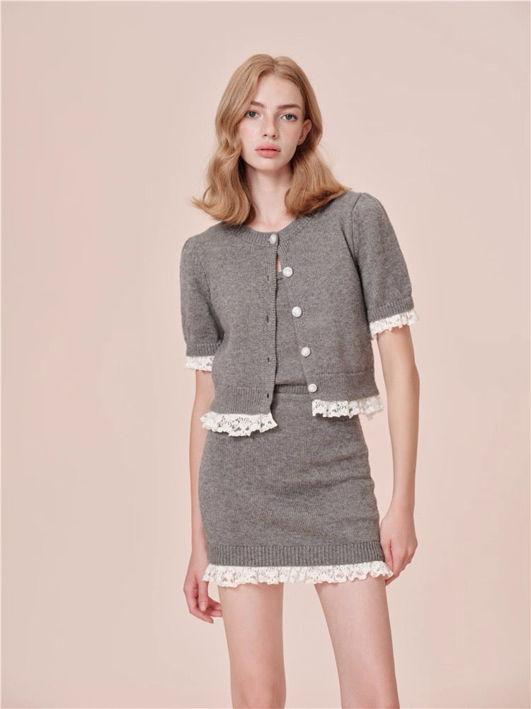 ROCHA ROMA | Grey Detachable Lace-Trim Knitwear Set (Cardigan+Tank Top+Skirt)