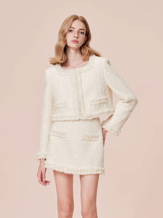 ROCHA ROMA | White Tweed Set with Sequins (Jacket+Mini Skirt)