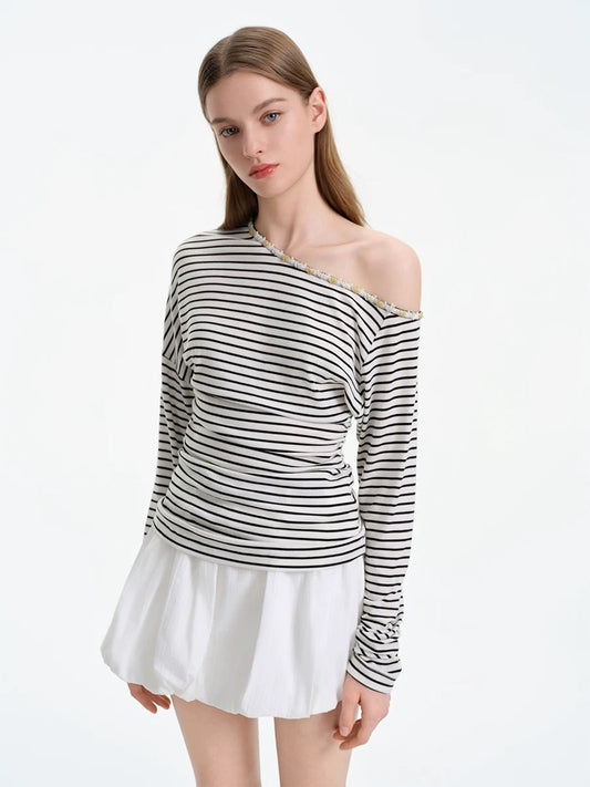 ROCHA ROMA | One-Shoulder Striped Slim Fit Top