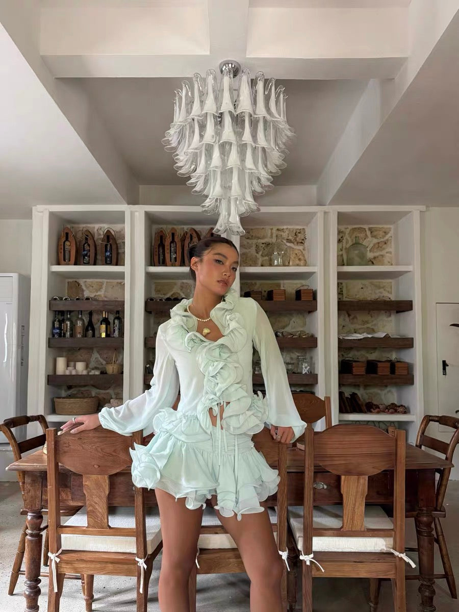J TheChosen | Chiffon Ruffle Sheer Set (Cardigan+Skirt)