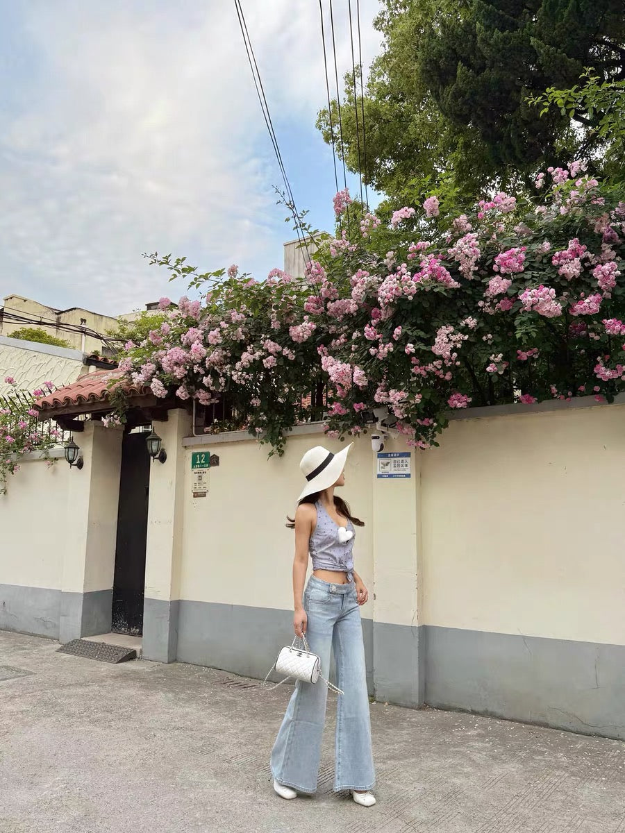 J TheChosen | Wide-Leg Jeans with Crystal Button and Silver Sparkles