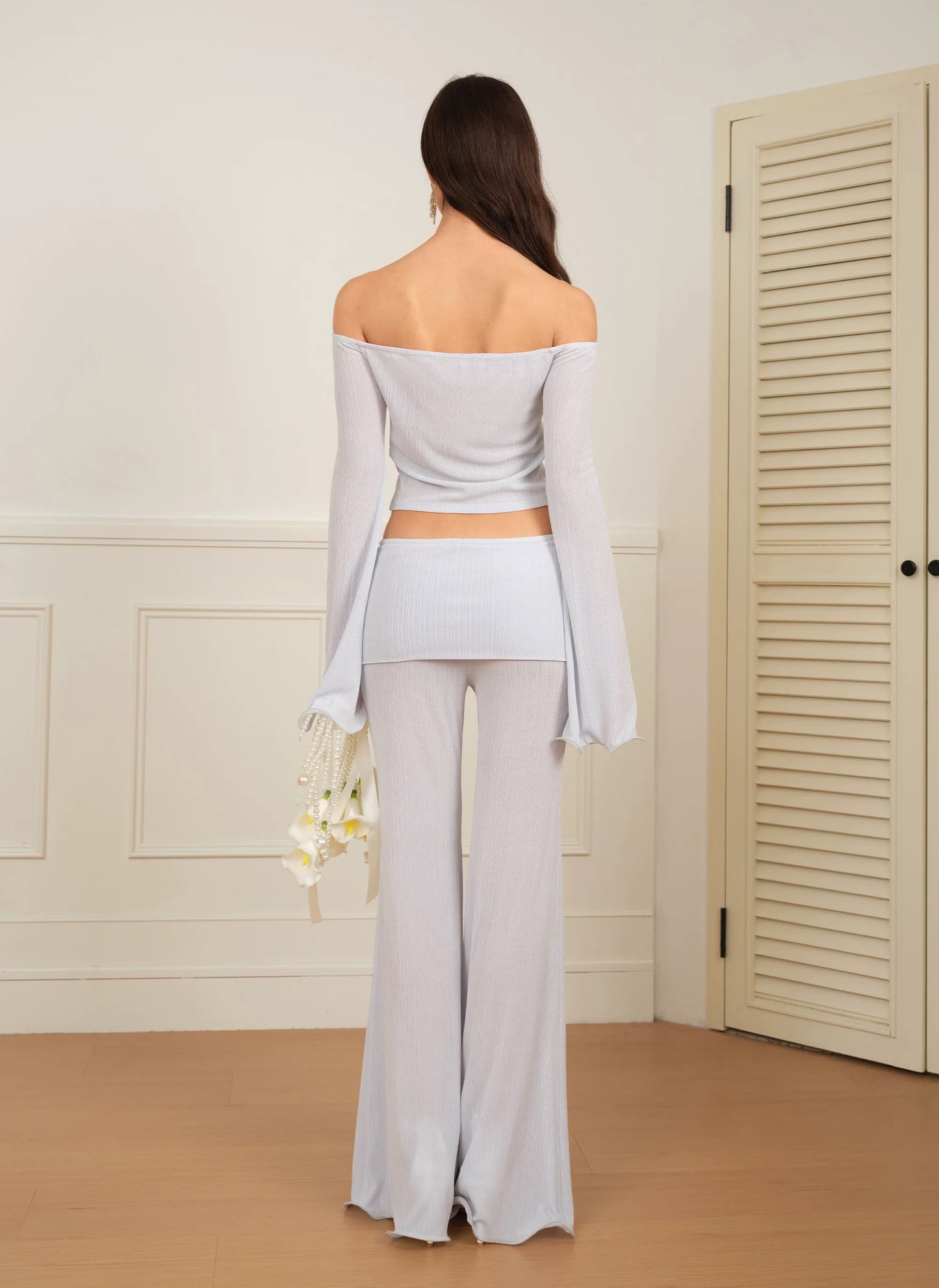 J TheChosen | Ruffled Off-Shoulder Knit Top and Wide-Leg Pants Set with Beaded Floral Appliqué