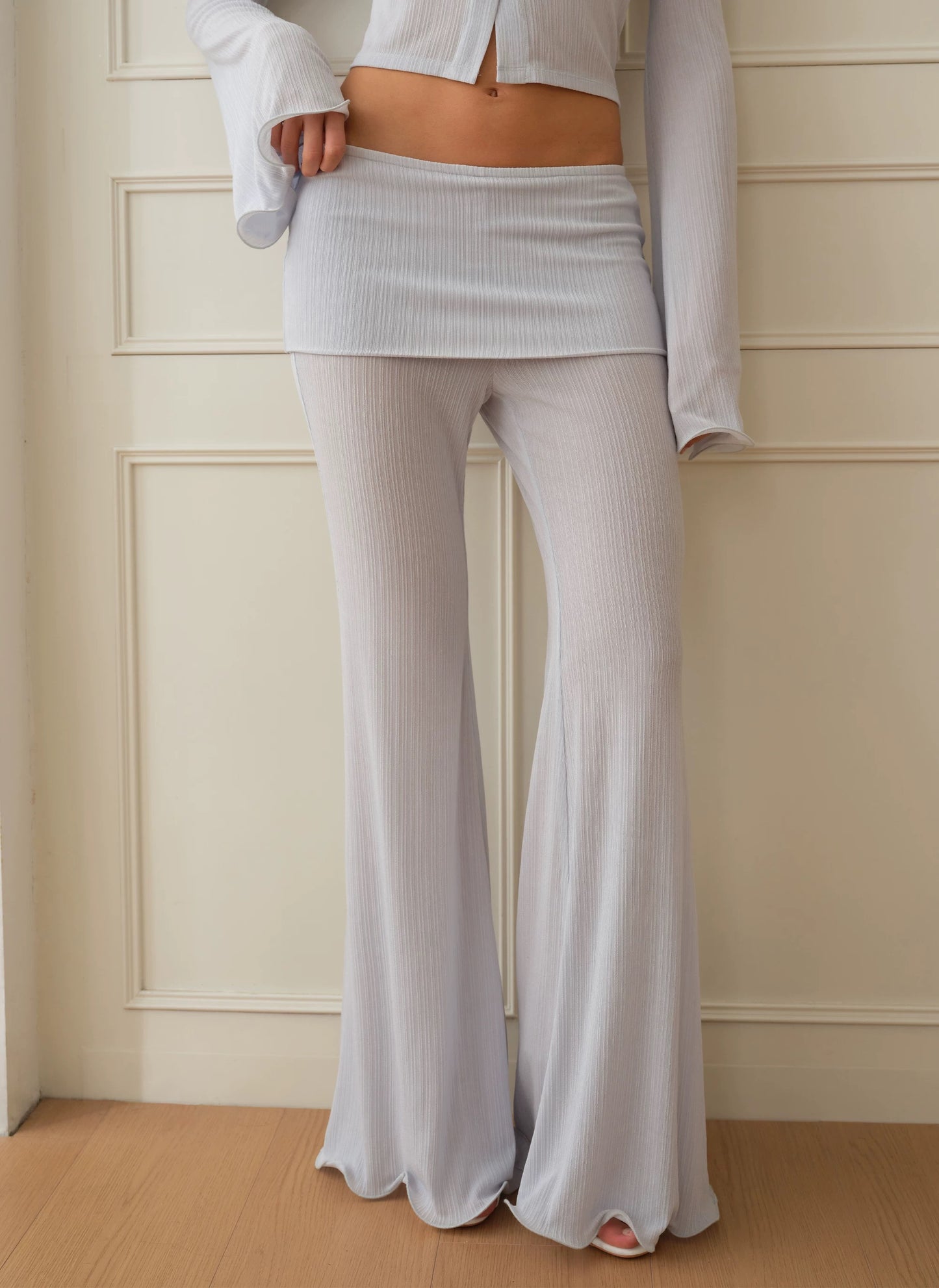 J TheChosen | Ruffled Off-Shoulder Knit Top and Wide-Leg Pants Set with Beaded Floral Appliqué