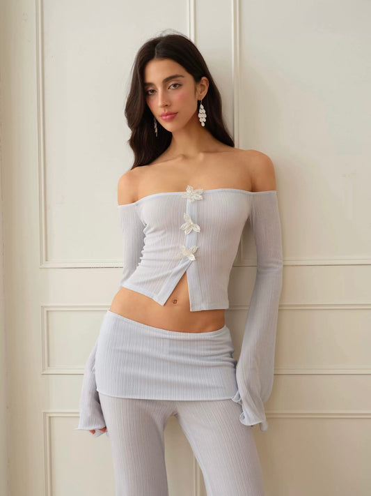 J TheChosen | Ruffled Off-Shoulder Knit Top and Wide-Leg Pants Set with Beaded Floral Appliqué