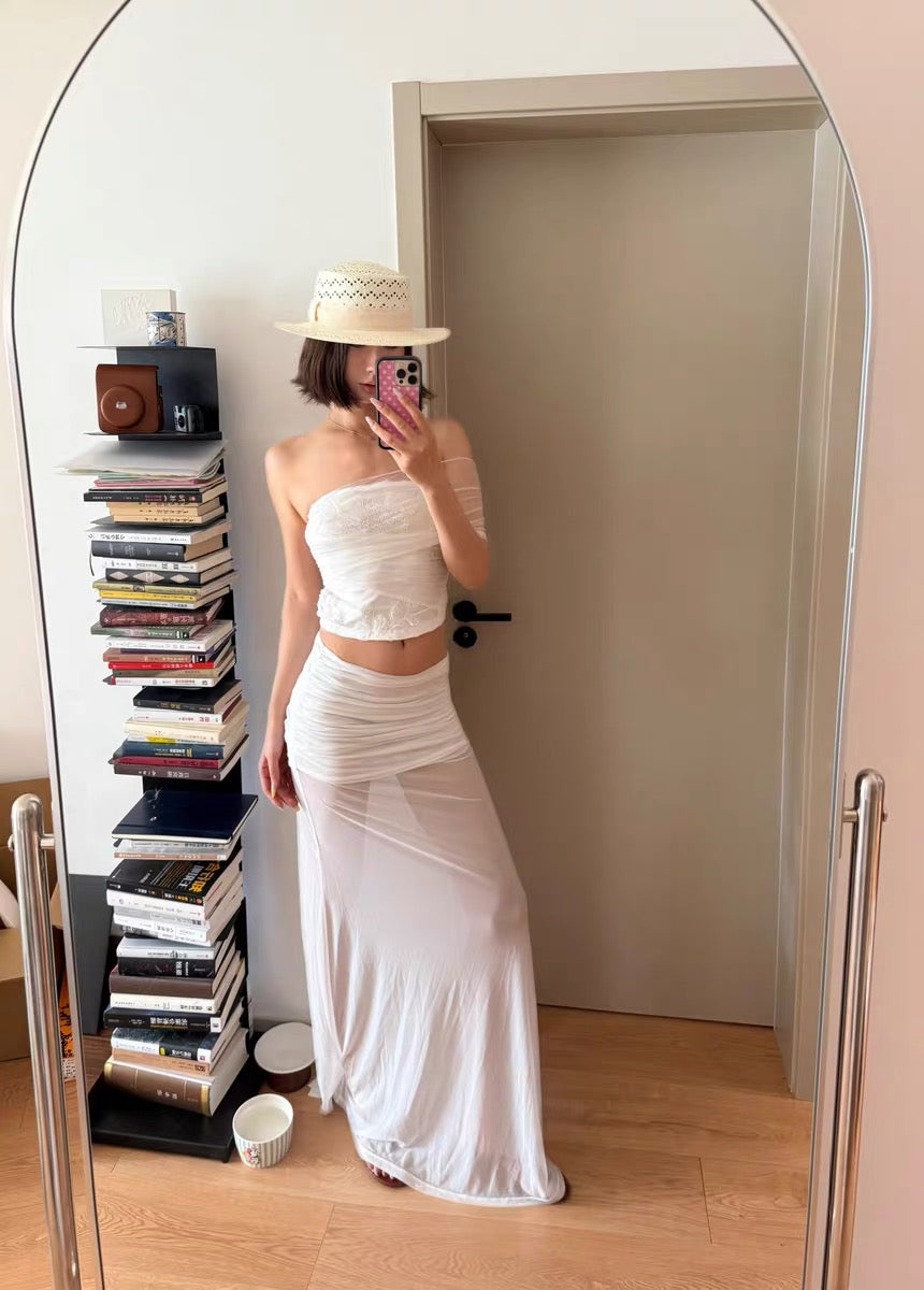 J TheChosen | Strapless Beaded Mesh Crop Top and Maxi Skirt Set