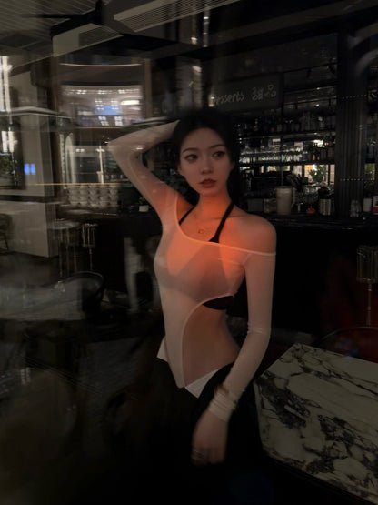 Tsuki | Semi-Sheer Off-the-Shoulder Bodysuit (Cream)