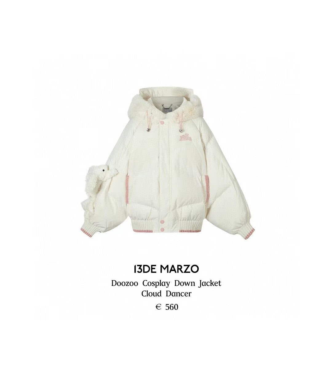 White cosplay down jacket with pink accents on a white background, featuring the brand '13DE MARZO'.