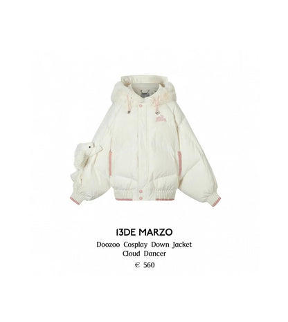 White cosplay down jacket with pink accents on a white background, featuring the brand '13DE MARZO'.