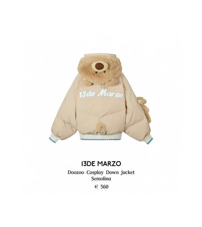 Cosplay down jacket with bear ears and face on a white background, branded '13DE MARZO'.