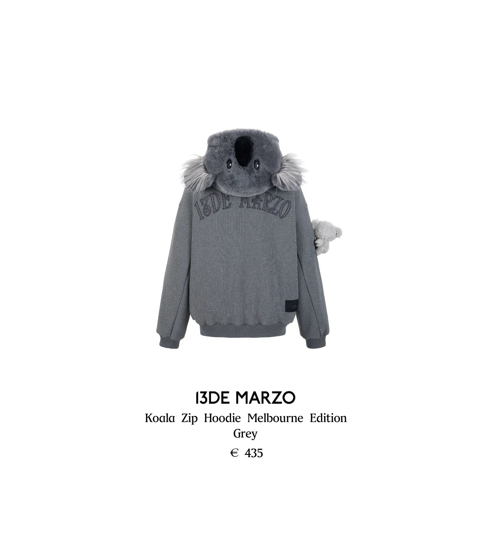 Grey hoodie with koala design and '13DE MARZO' branding on a white background