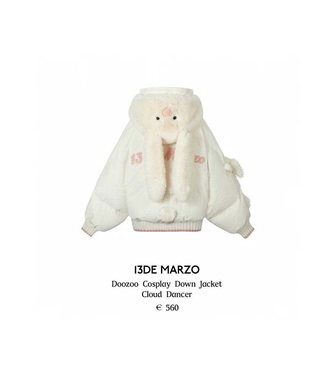 White cosplay down jacket with fur trim on a white background, featuring the brand '13DE MARZO'.