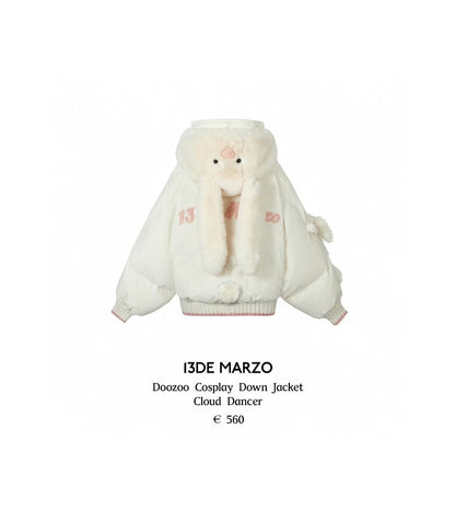 White cosplay down jacket with fur trim on a white background, featuring the brand '13DE MARZO'.