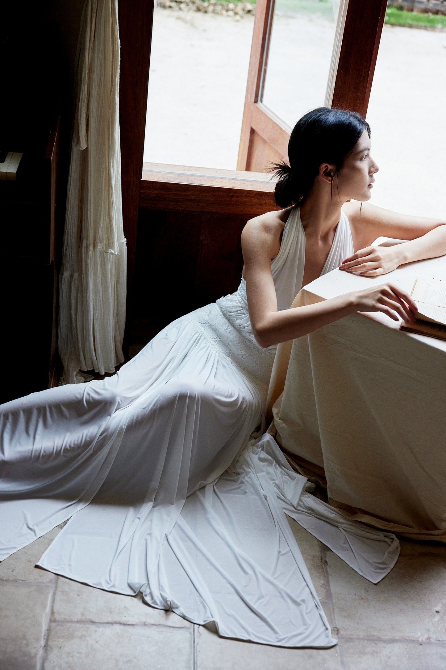 Tsuki | Halter Neck Pleated Backless Maxi Dress