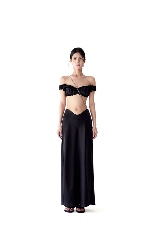 Tsuki | Off-the-Shoulder Bra Top+Ruffled Mermaid Skirt (Black)