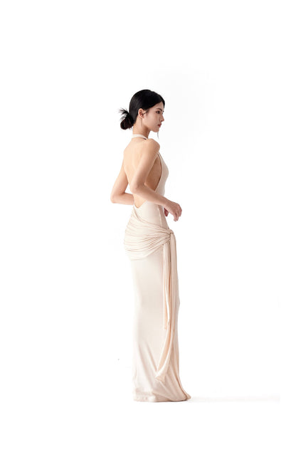 Tsuki | Asymmetric Halter Neck Backless Maxi Dress (Nude)