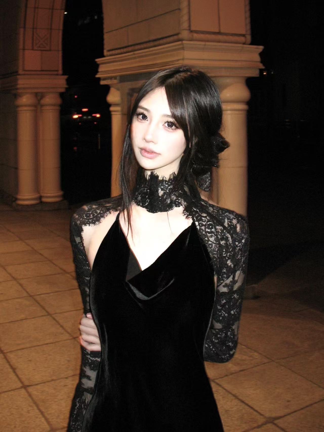 Tsuki | Velvet Maxi Dress with Chain (Black)