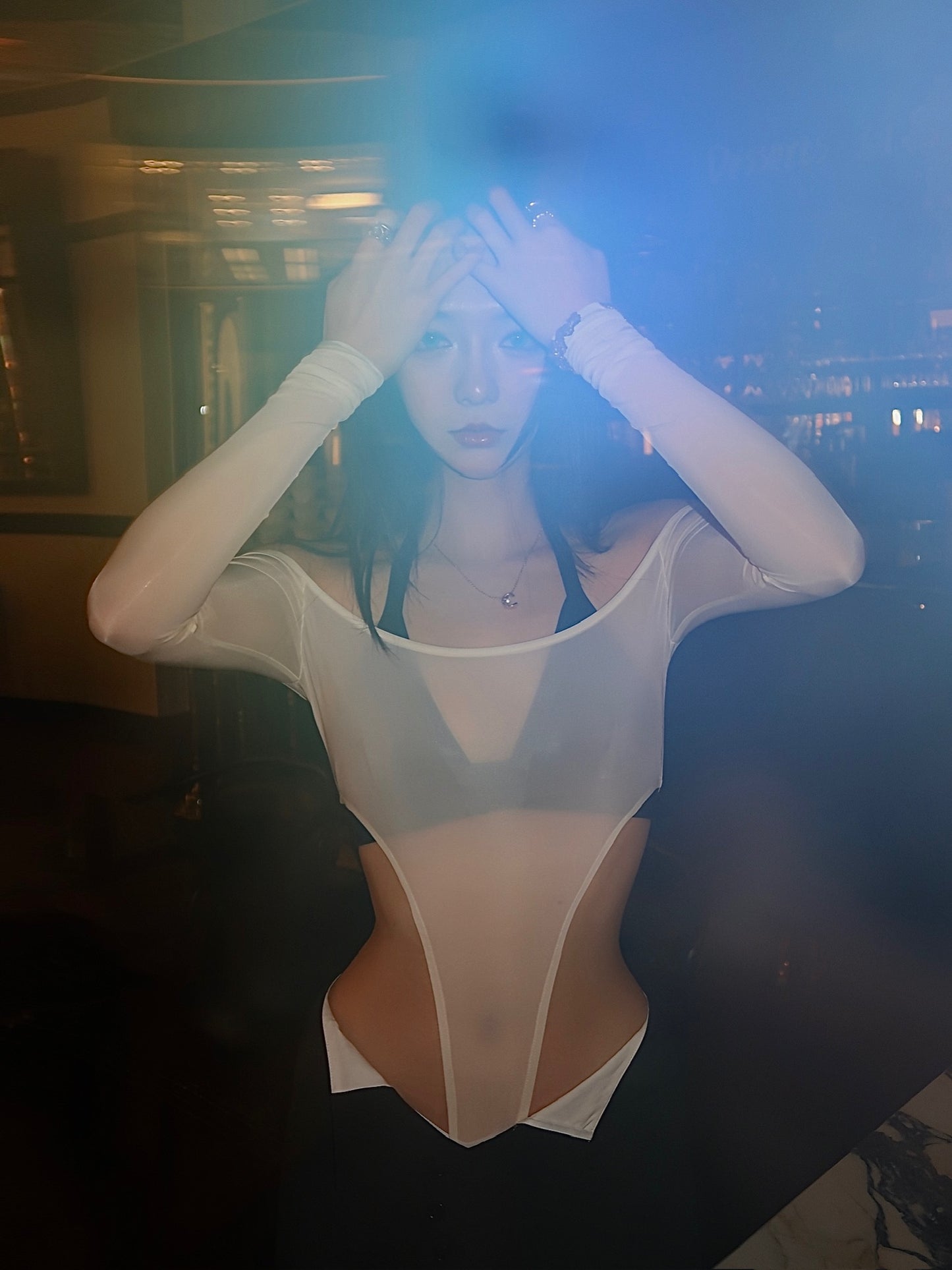 Tsuki | Semi-Sheer Off-the-Shoulder Bodysuit (Cream)